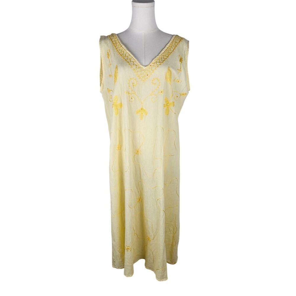 Karibhanas St Kitts Dress Coverup Medium Butter Yellow Embroidered Cotton Boho‎